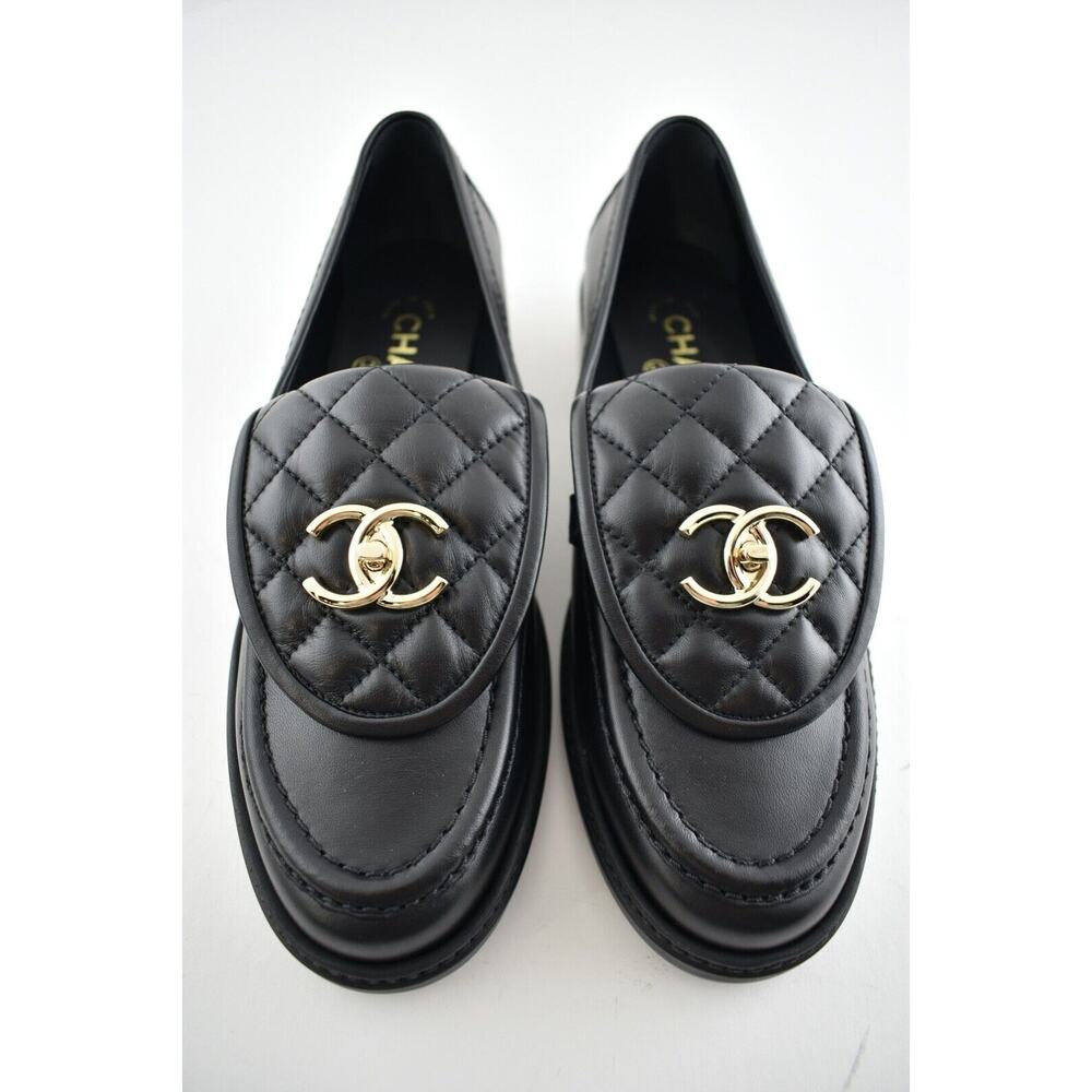 Chanel 22P Black Quilted Flap Turnlock CC Logo Gold Mule Slip Flat Loafer 39.5 - Picture 6 of 11